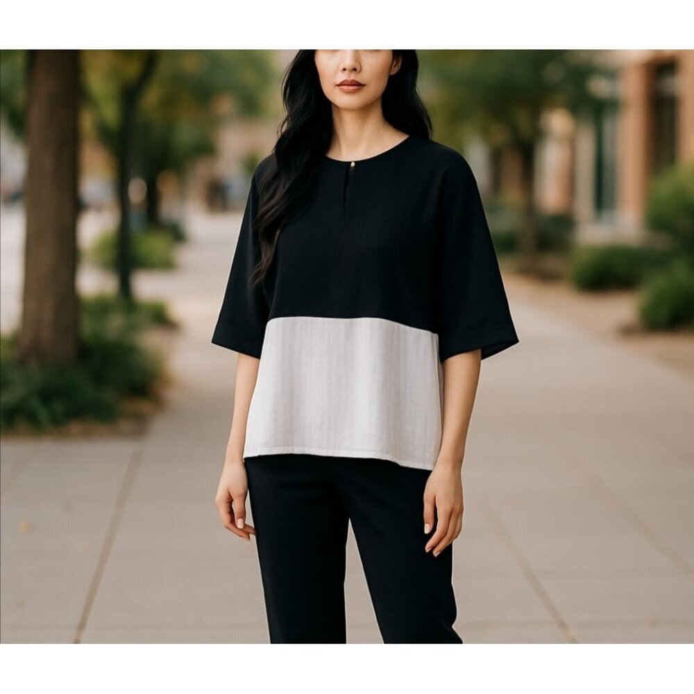Movint Womens Bamboo Blend‎ Tunic Top 3/4 Sleeve Black & Cream Textured Sz L New